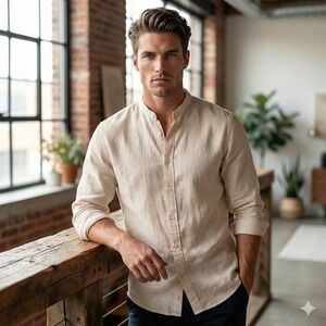 ASOS DESIGN Mens Band Collar Linen Cotton Blend Long Sleeve‎ Shirt Size M